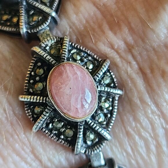 Vintage Sterling Silver Marcasite & Rhodochrosite Cabochons Pink Stone Bracelet - Picture 3 of 10